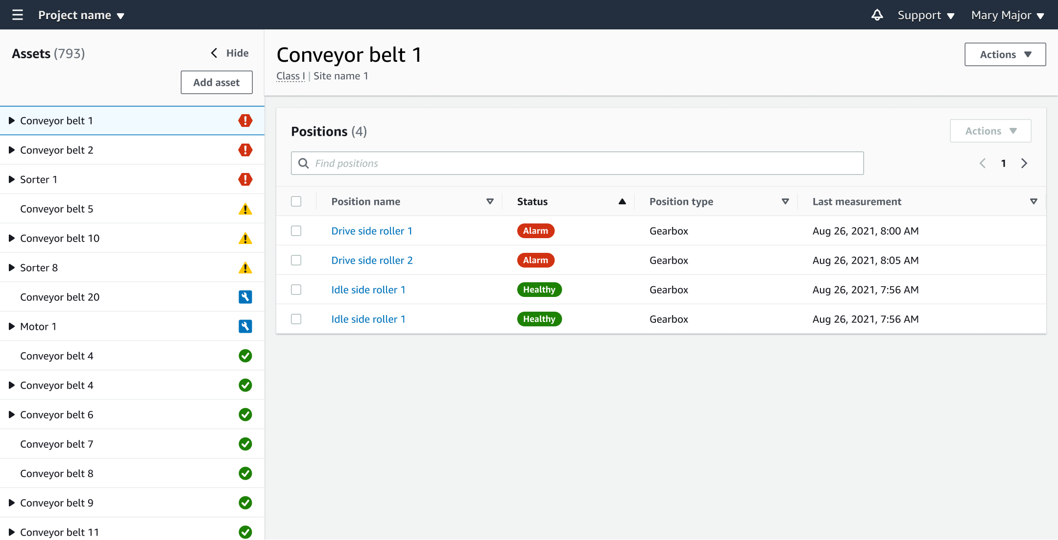 Asset management interface showing Conveyor belt 1 details with positions and status.