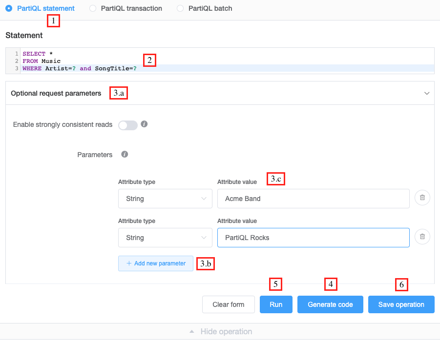 NoSQL Workbench インターフェイス。Music テーブルに対して実行できる PartiQL SELECT ステートメントを示します。