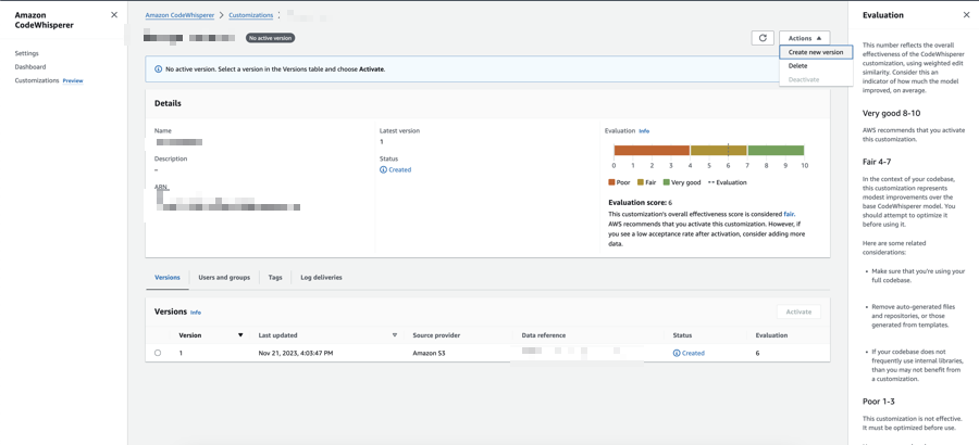 CodeWhisperer evaluation interface showing version details and rating scale from 1 to 10.