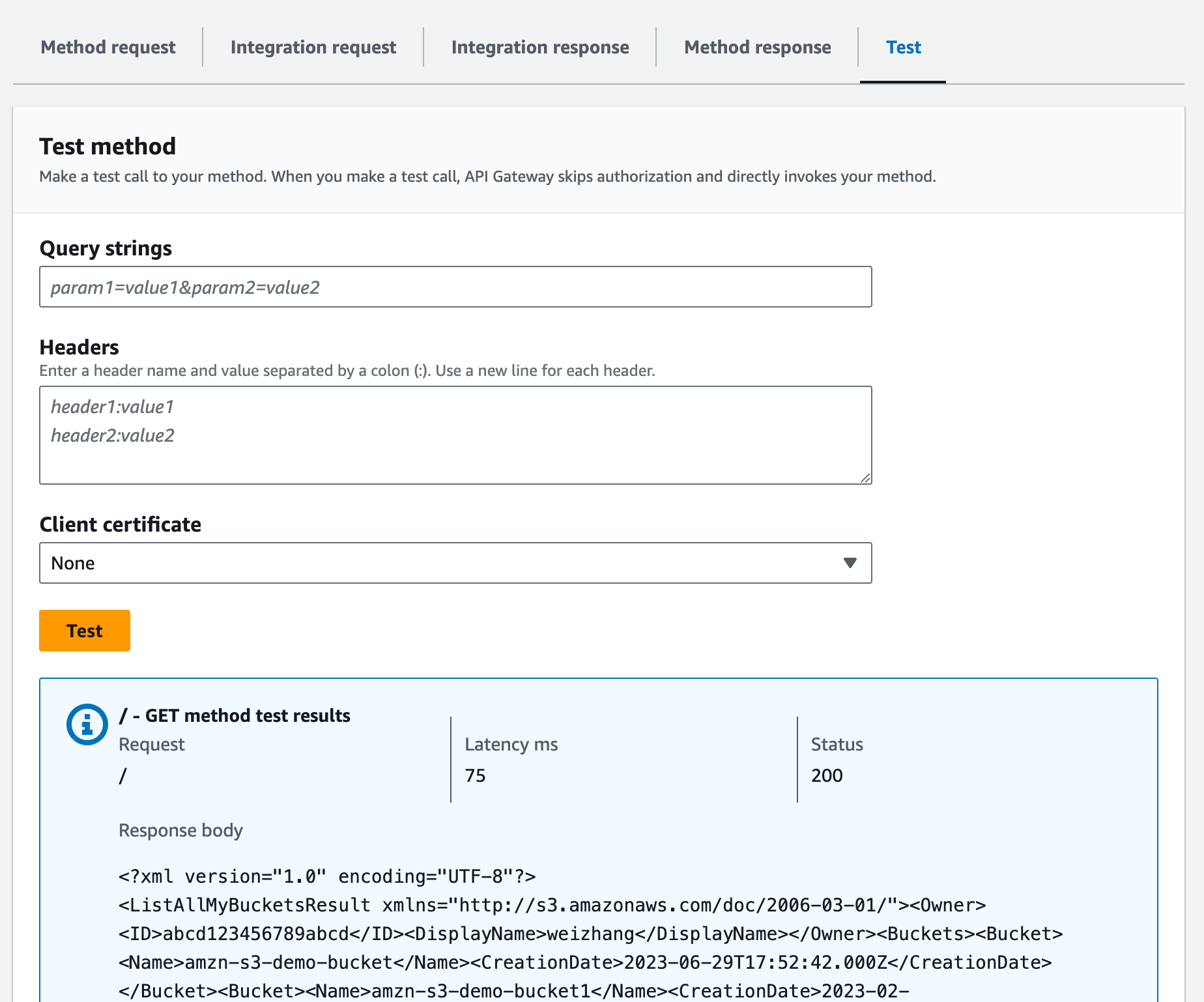 API のルートに対する GET bucket のテスト結果