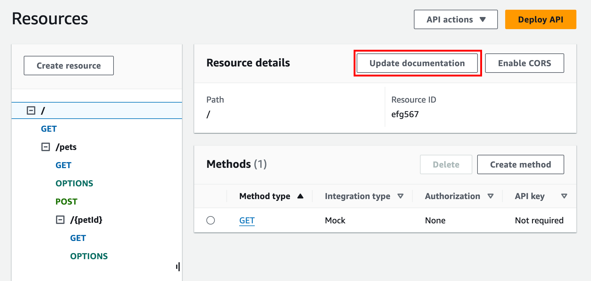 API Gateway コンソールでリソースエンティティのドキュメントを編集する