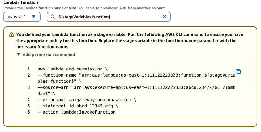 AWS CLI コマンドを実行して、作成したメソッドで呼び出した Lambda 関数にアクセス許可を追加します。