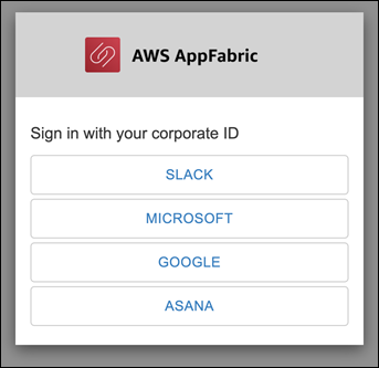 AWS AppFabric sign-in page with options for Slack, Microsoft, Google, and Asana.