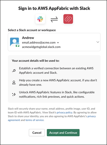 Sign-in interface for AWS AppFabric with Slack, showing account selection and connection details.