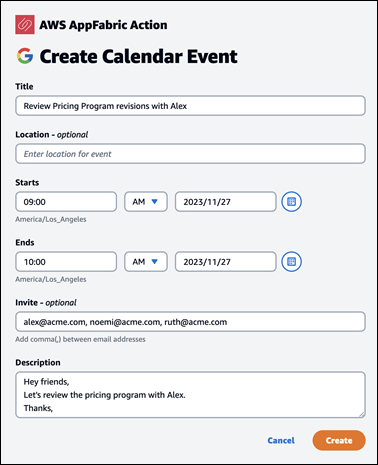 Calendar event creation form with title, time, location, invitees, and description fields.