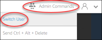 Admin Commands dropdown menu with Switch User option highlighted.