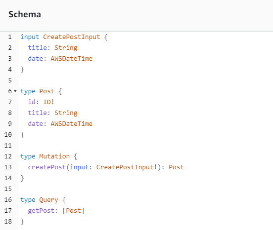 GraphQL schema defining CreatePostInput, Post type, Mutation, and Query operations.