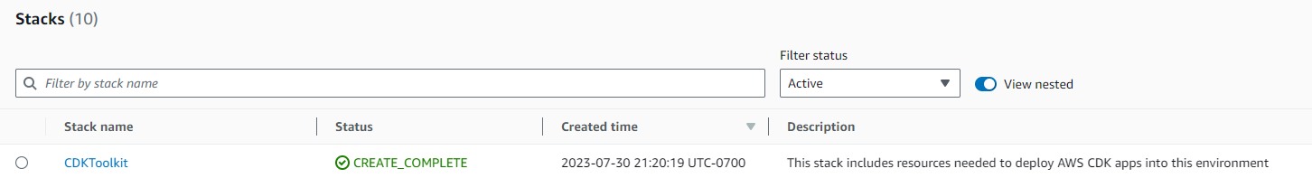 CDKToolkit stack with CREATE_COMPLETE status in AWS CloudFormation console.