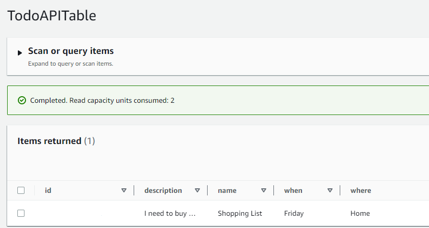 TodoAPITable interface showing a completed scan with 1 item returned in a table format.