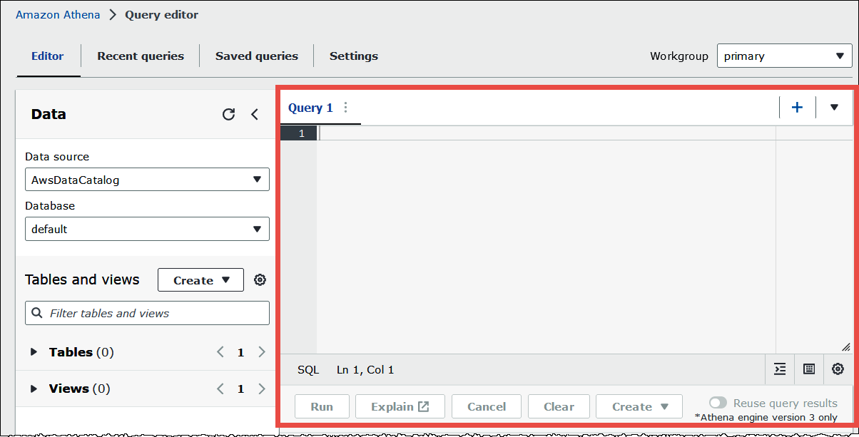 Athena コンソールのクエリエディタ。