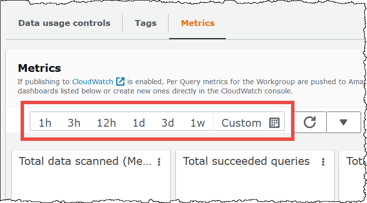 Athena コンソールでワークグループのメトリクス取得間隔を指定します。