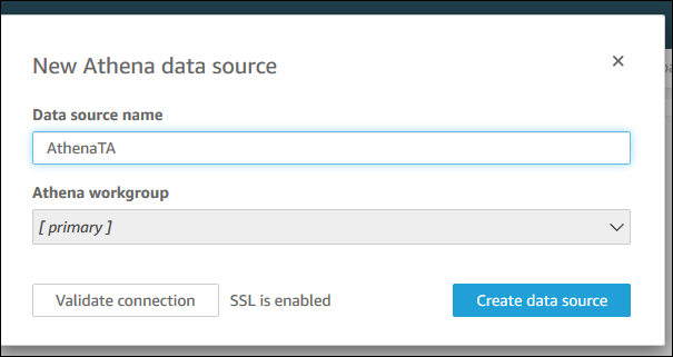 Amazon QuickSight コンソールの新しいデータソースのスクリーンショット。