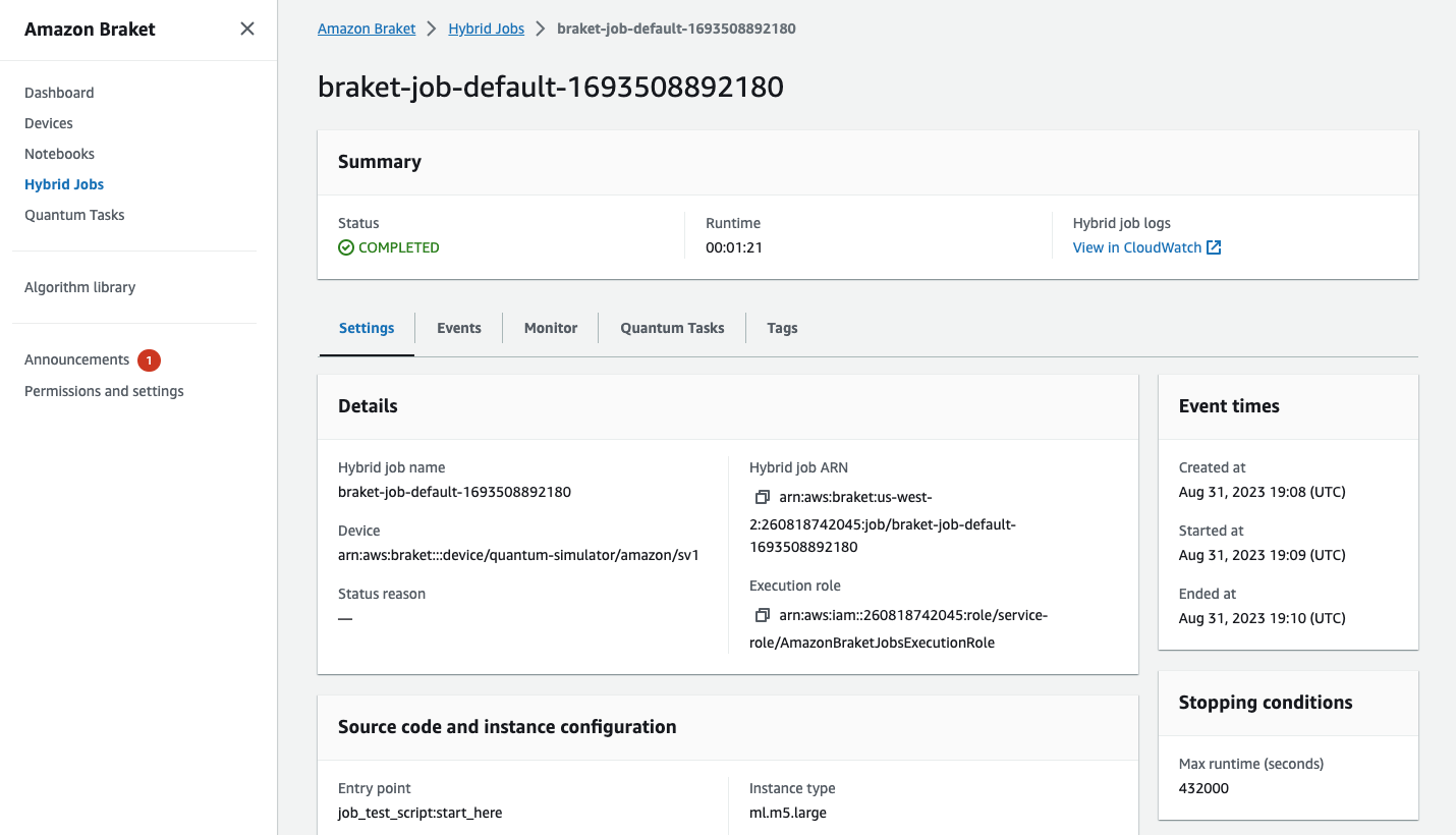Amazon Braket ハイブリッドジョブの詳細には、概要、イベント時間、ソースコードとインスタンスの設定、停止条件が表示されます。