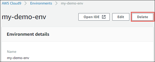 環境の詳細ページで環境を削除する