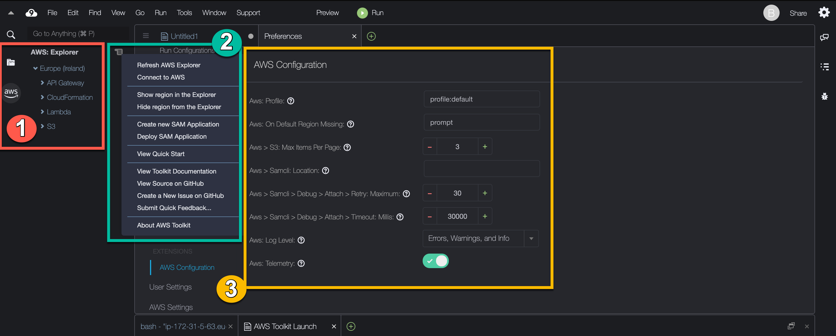 AWS Toolkit の主要な UI コンポーネントを示すラベル付きスクリーンショット