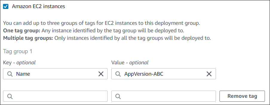 1 つのタグを持つ 1 つのタググループを示す CodeDeploy コンソール。