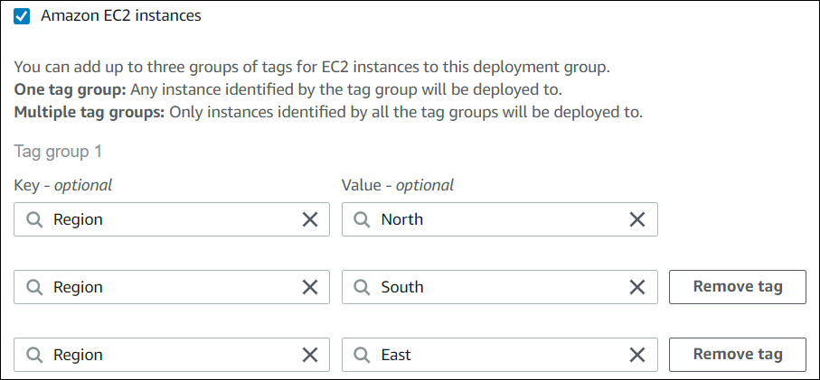 3 つのタグを持つ 1 つのタググループを示す CodeDeploy コンソール。