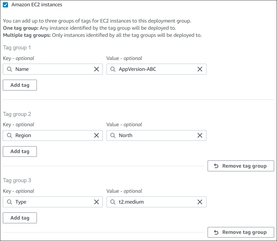 それぞれに 1 つのタグを持つ 3 つのタググループを示す CodeDeploy コンソール。