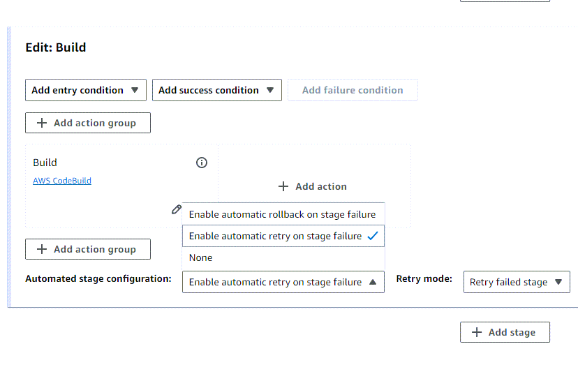 CodePipeline でのステージ障害時の自動再試行を設定する編集画面の例。