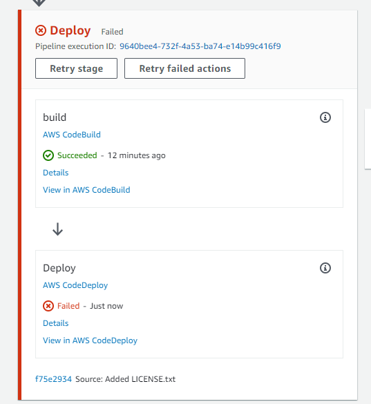 CodeCommit ソースステージと失敗した CodeDeploy デプロイステージを含むパイプラインの例