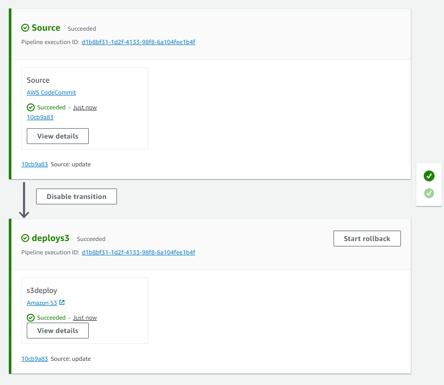 に 2 つのステージがあるパイプラインの図例 CodePipeline。