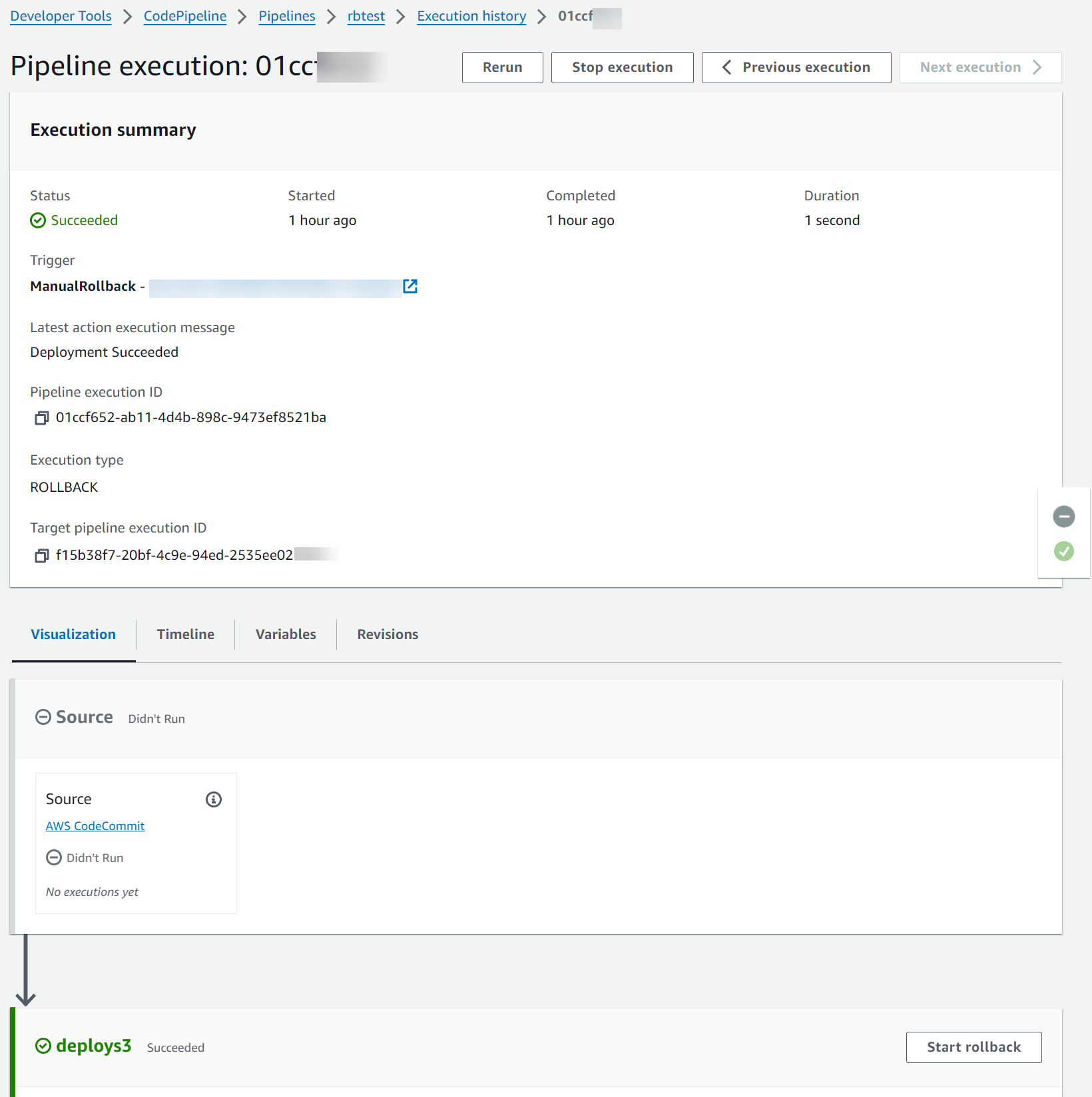 のターゲットパイプライン実行 ID フィールドを示すステータスページの例 CodePipeline。