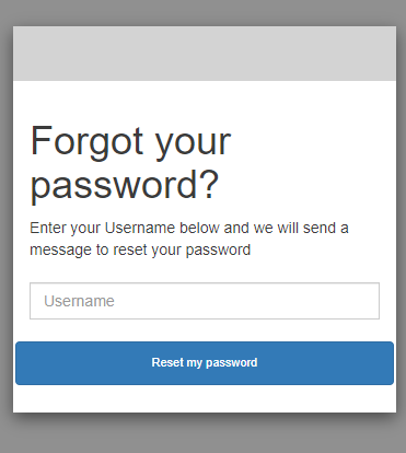 ユーザー名の入力を求めるプロンプトが表示された、ホストされた UI のパスワードを忘れた場合のページ