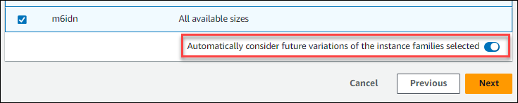 インスタンスファミリーの今後のバリエーションを自動的に検討するトグル