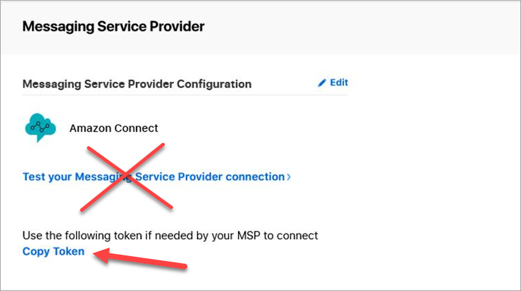 [メッセージングサービスプロバイダー] ページ、[トークンのコピー] リンク。