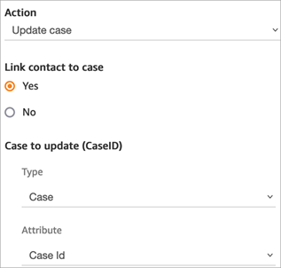 [ケースを更新] ブロック。[コンタクトをケースにリンク] オプションが [はい] に設定され、[タイプ] が [ケース] に設定され、[属性] が [ケース ID] に設定されています。