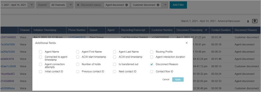 Dialog box for selecting additional fields to display in contact center search results.