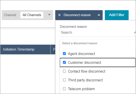 Dropdown menu showing disconnect reason options with Agent and Customer disconnect selected.