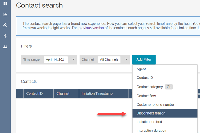 Contact search interface showing filters and a dropdown menu with "Disconnect reason" highlighted.