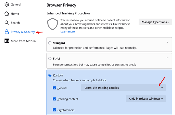 Firefox のプライバシーとセキュリティページ。