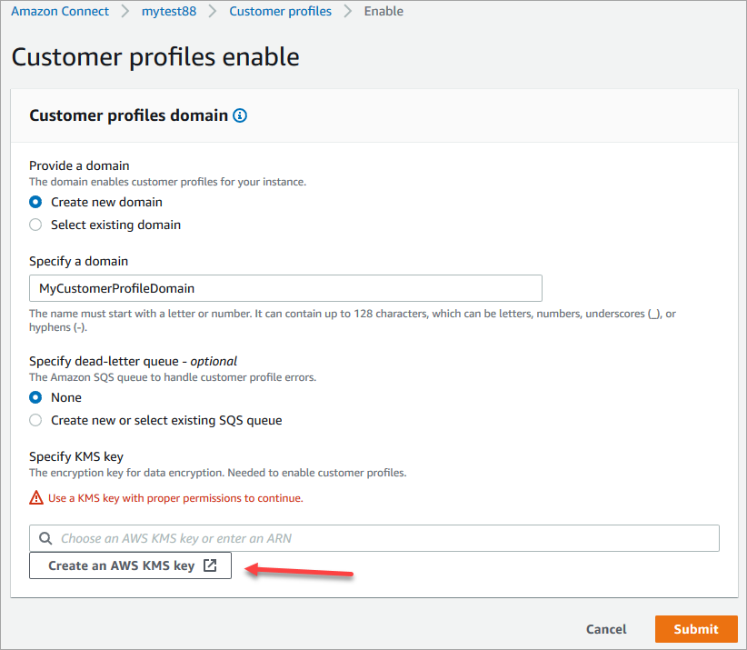 [顧客プロファイル有効化] ページ、[ AWS KMS key の作成] ボタン。