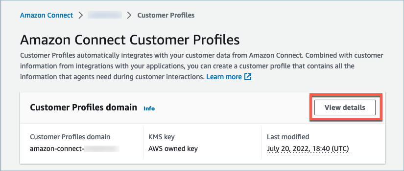 Amazon Connect Customer Profiles のドメイン削除ページ、[詳細を表示] ドメインボタン。