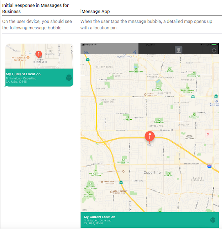 詳細なマップとロケーションピンを備えた Apple CIM を使用して送信された iMessage アプリの画像。
