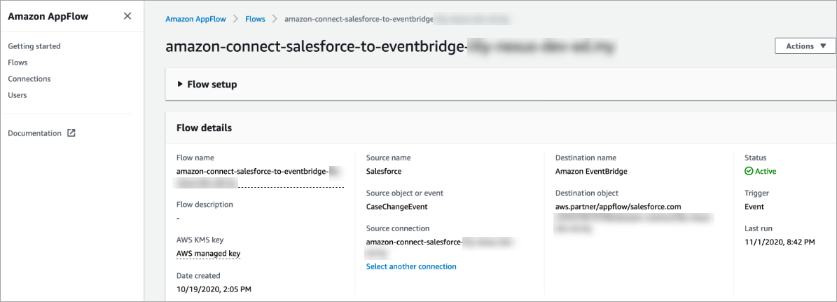 Salesforce の Amazon AppFlow コンソール。