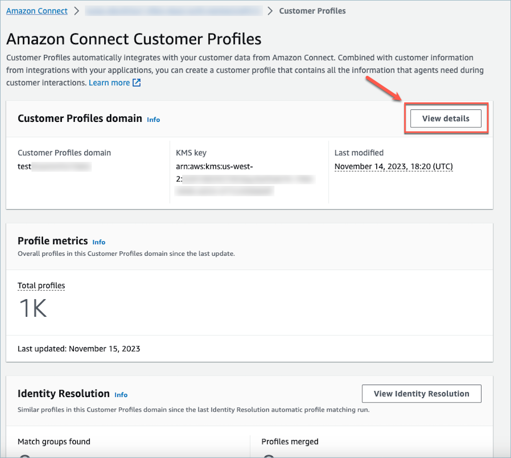 Amazon Connect Customer Profiles コンソールのドメインセクション。