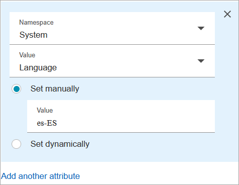 [コンタクト属性の設定] ブロックの [プロパティ] ページ、[値] が [スペイン語] に設定されています。