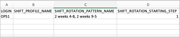 C 列にシフトローテーションパターン名、D 列にシフトローテーションのサンプルが入力されたテンプレート。