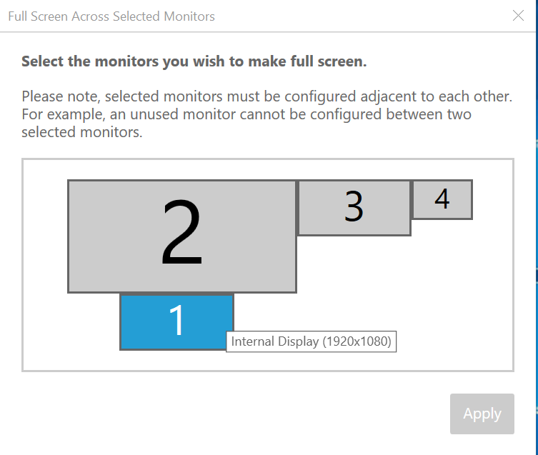 Monitor configuration interface showing four displays with one highlighted as Internal Display.