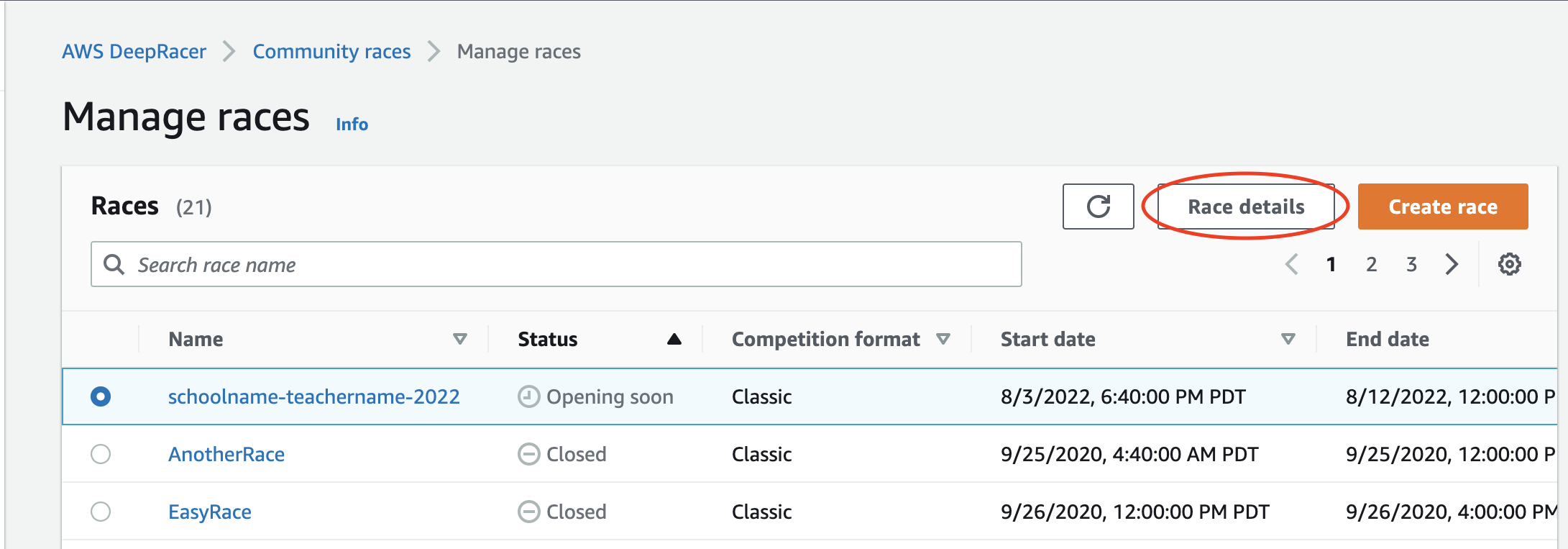 ラジオボタンを使用して管理するレースを選択し、[編集] ボタンを押します。