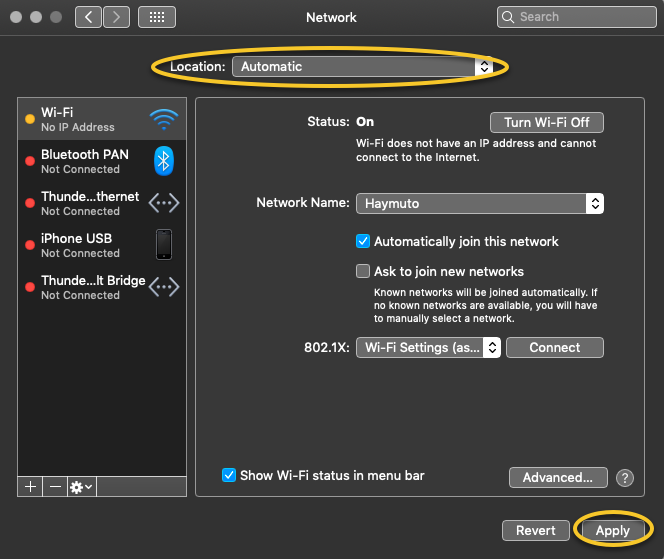 イメージ: MacOS ネットワーク設定の [Location] で [Automatic] を選択します