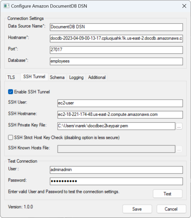 「Configure Amazon DocumentDB DSN interface with SSH Tunnel fields completed」。