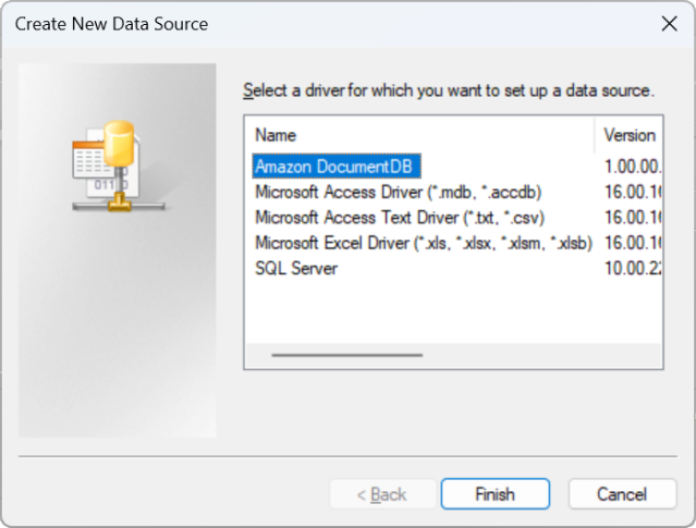 Amazon DocumentDB ドライバーオプションが選択された新しいデータソースの作成インターフェイス。