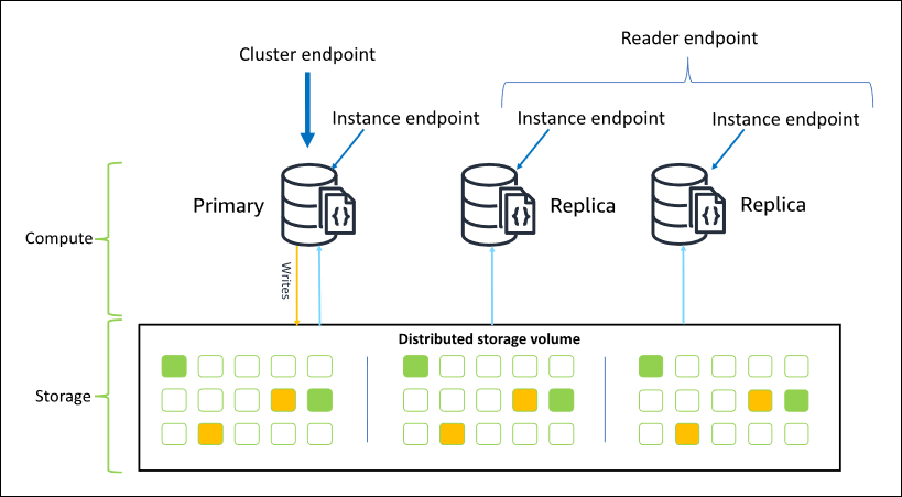 クラスター、リーダー、インスタンスのエンドポイントを含む Amazon DocumentDB エンドポイントを示す図表。