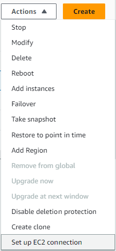 Dropdown menu showing various actions for EC2 instances, with "Set up EC2 connection" highlighted.