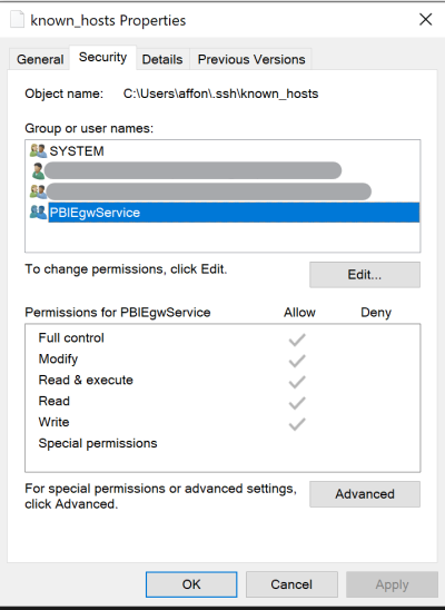 Properties window showing permissions for PBIEgwService on known_hosts file, with full control allowed.