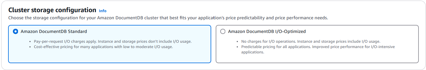 Amazon DocumentDB Standard オプションが強調表示され、両方のストレージタイプが説明されているストレージタイプの選択。